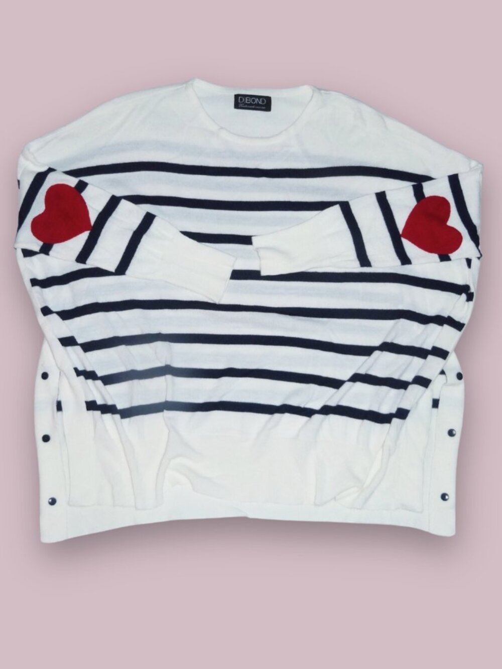 Heart Elbow Patch High-Low Lightweight Side Slit Boatneck Sweater White/Navy